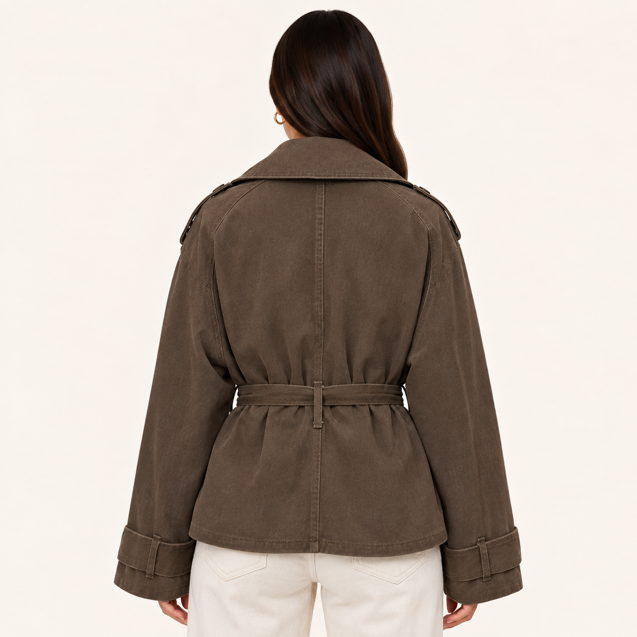 Chaqueta Denim Cruzada con Cinturón Marrón