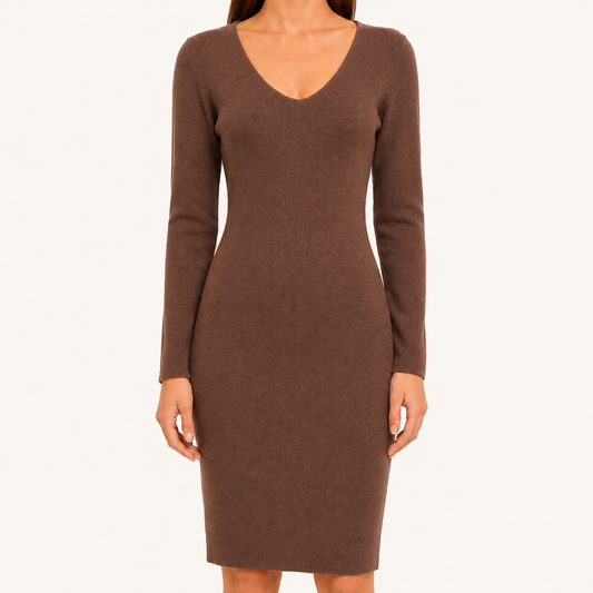 Vestido Mujer Entallado Manga Larga Cuello Marrón