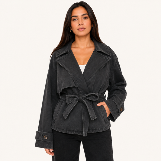 Chaqueta Denim Cruzada con Cinturón Negra