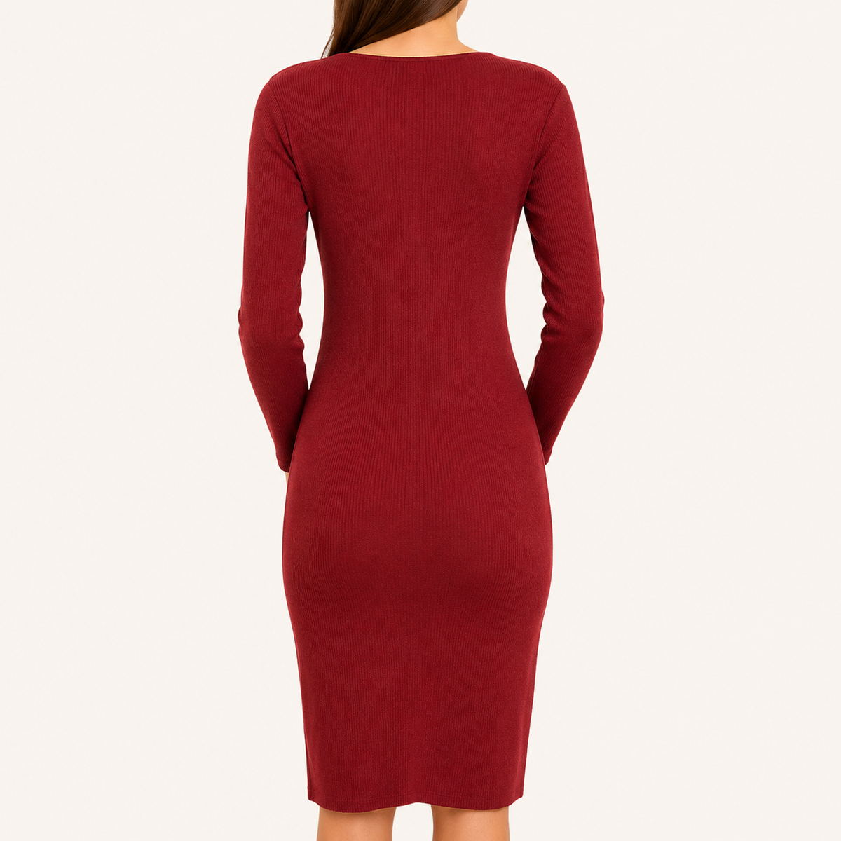 Vestido Mujer Entallado Manga Larga Cuello V Burdeo