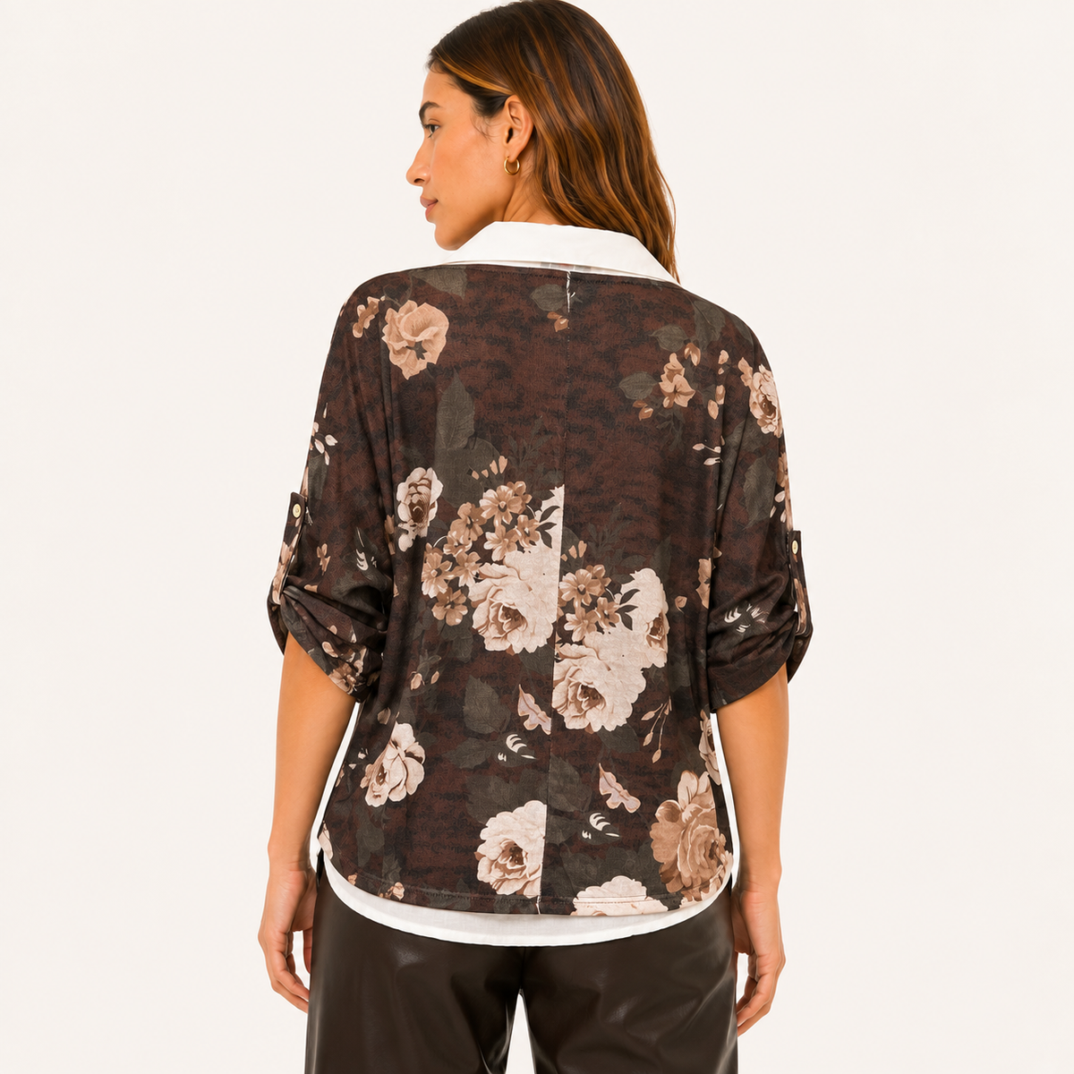 Blusa Floral 2 en 1 Manga Ajustable Marrón