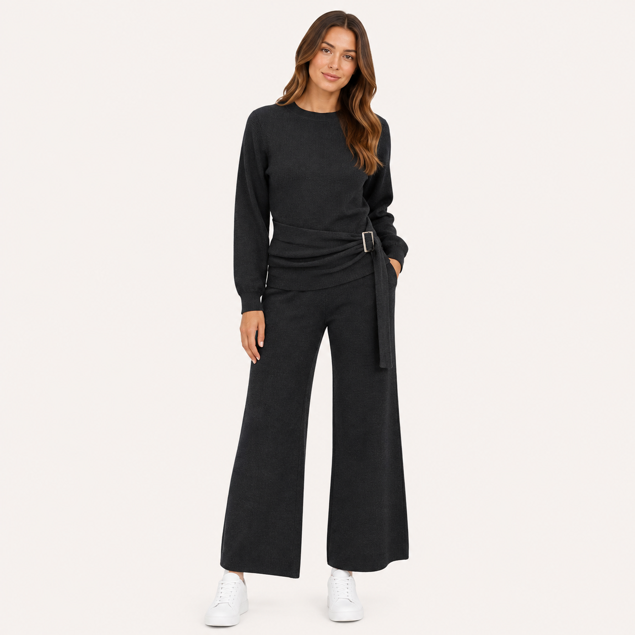 Conjunto Tejido Premium con Cinturón Ajustable y Pantalón Wide Leg Negro