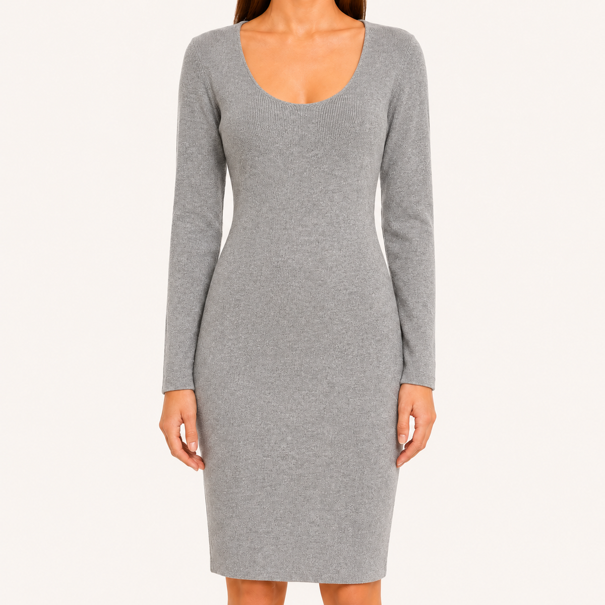 Vestido Mujer Entallado Manga Larga Cuello V Gris