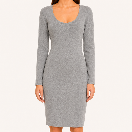Vestido Mujer Entallado Manga Larga Cuello V Gris