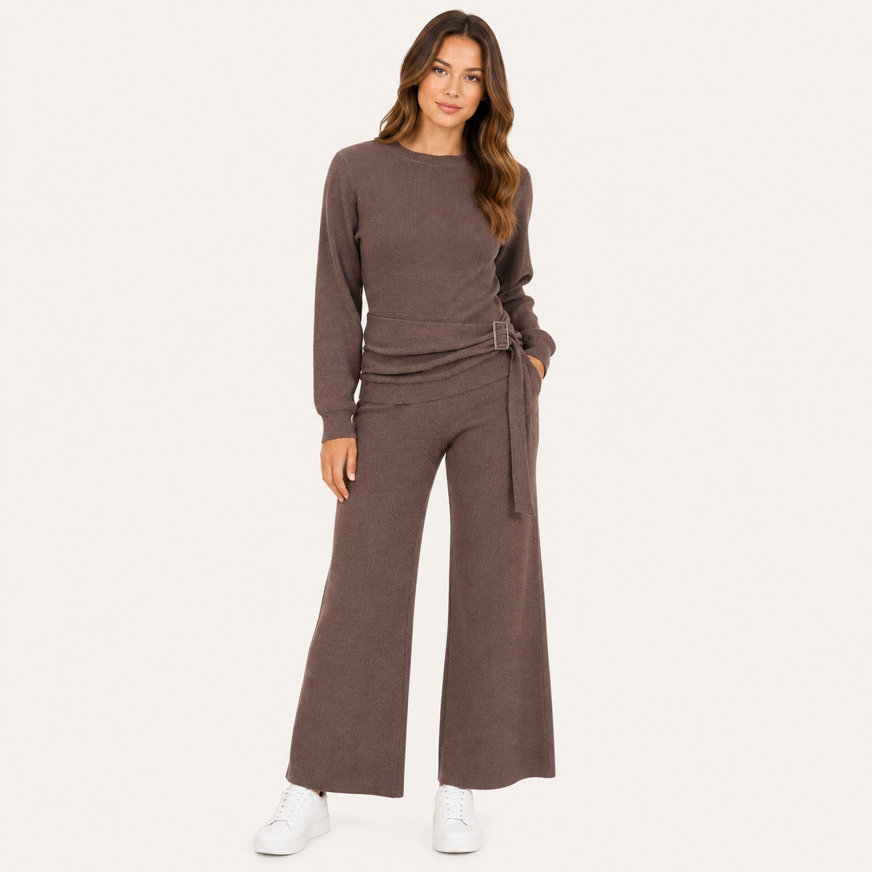 Conjunto Tejido Premium con Cinturón Ajustable y Pantalón Wide Leg Marrón Cafe