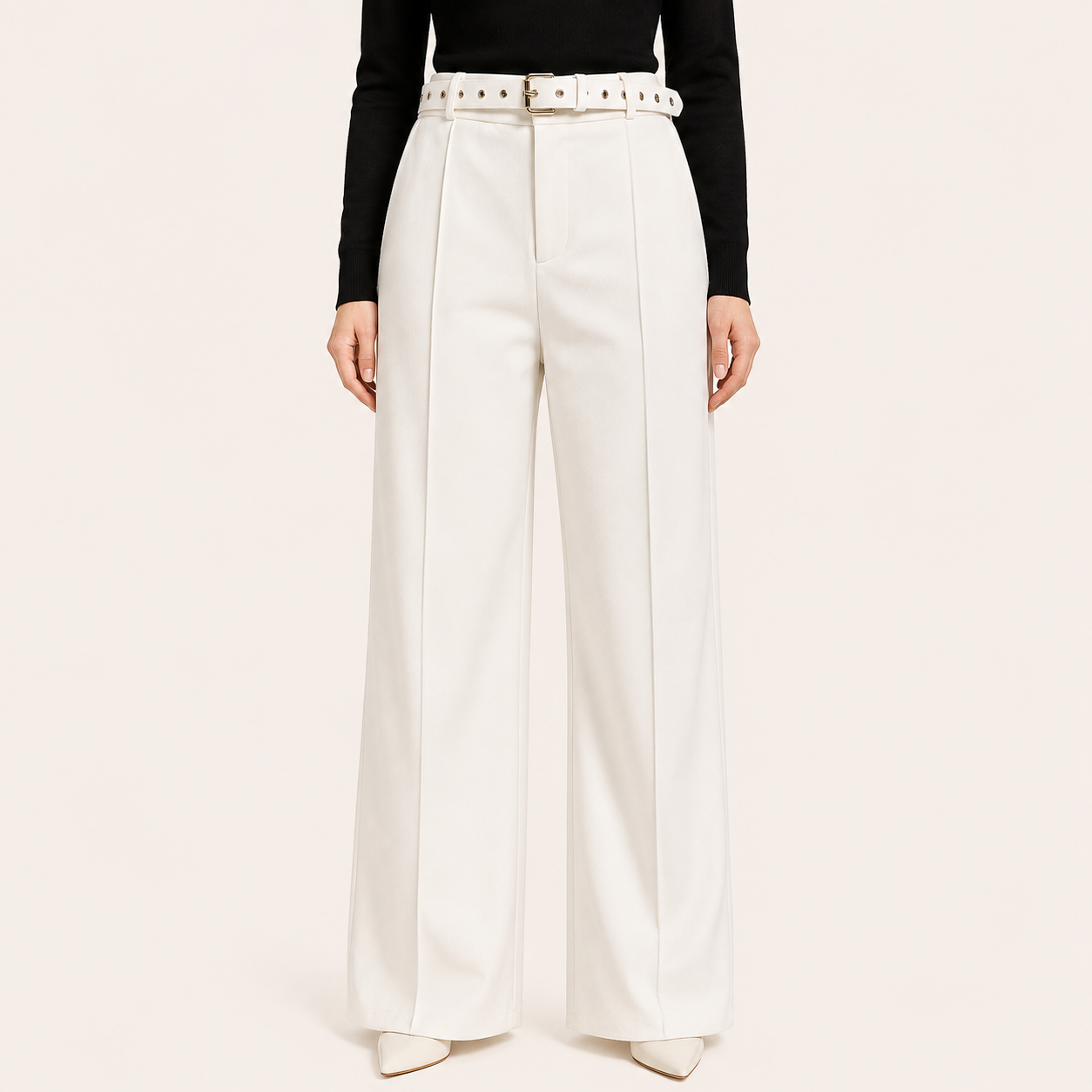 Pantalón Palazzo Paño con Cinturon Blanco
