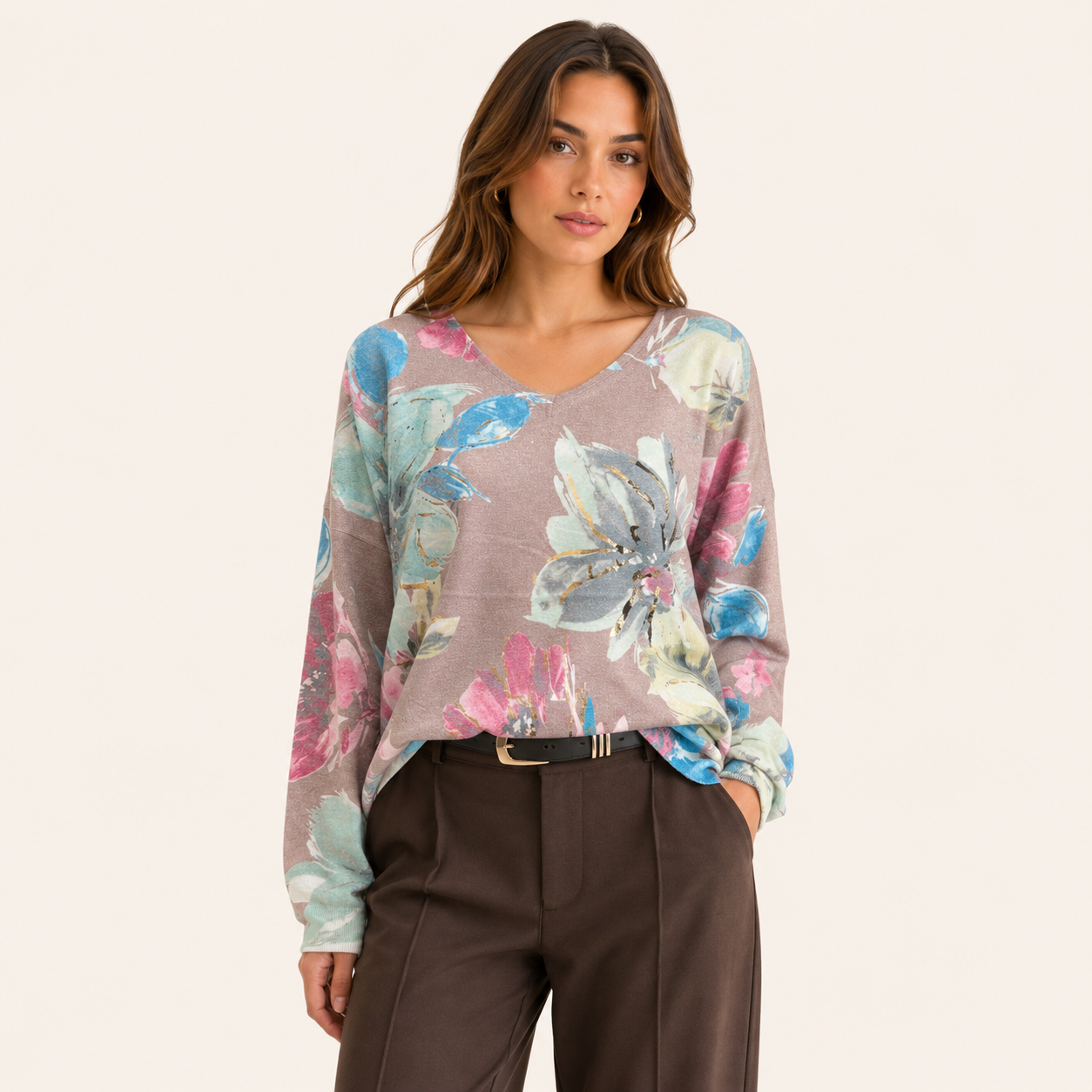 Sweater Estampado Flores Marrón Claro