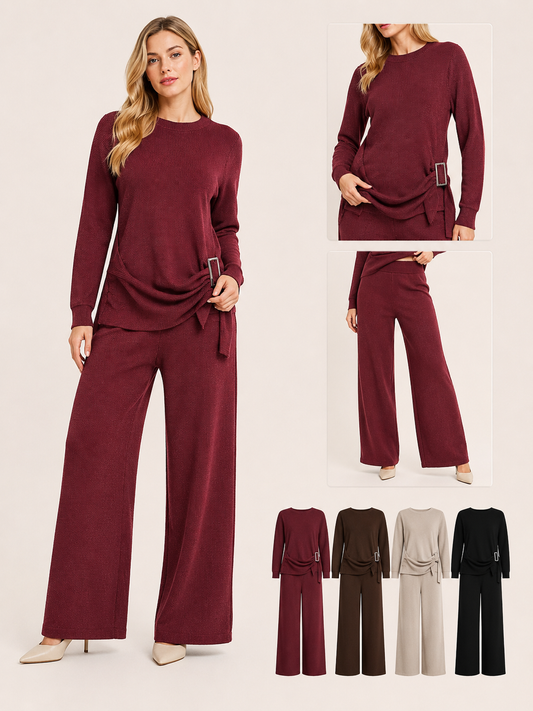Conjunto Tejido Premium con Cinturón Ajustable y Pantalón Wide Leg