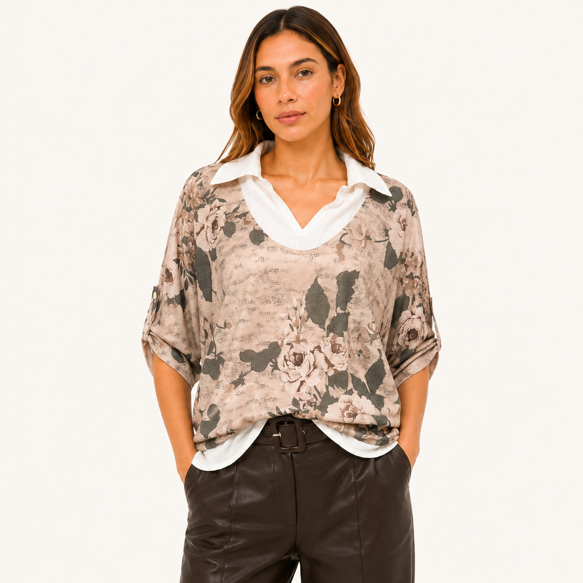 Blusa Floral 2 en 1 Manga Ajustable Beige