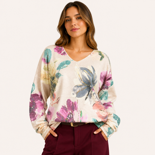 Sweater Estampado Flores Burdeo Beige