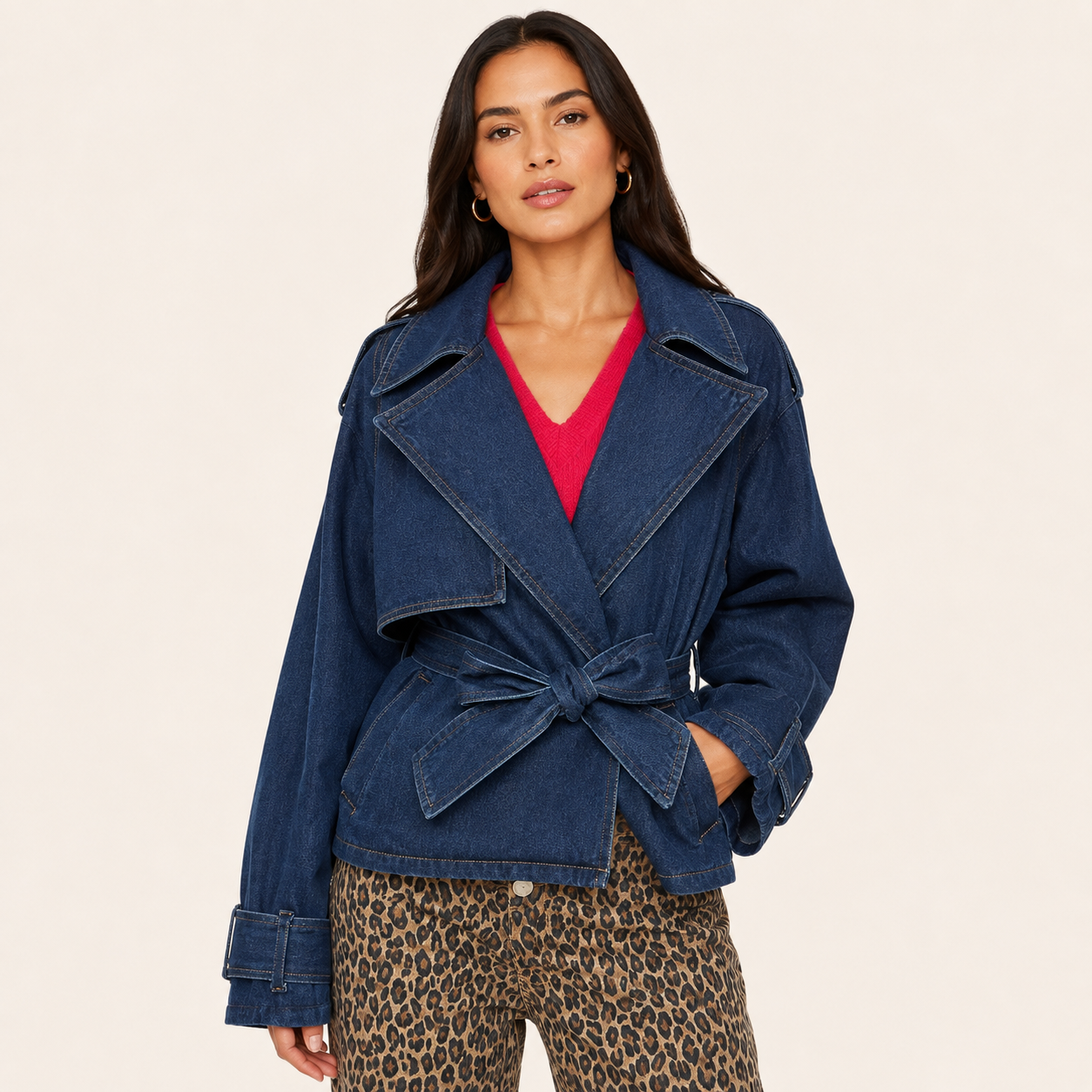 Chaqueta Denim Cruzada Cinturón Azul