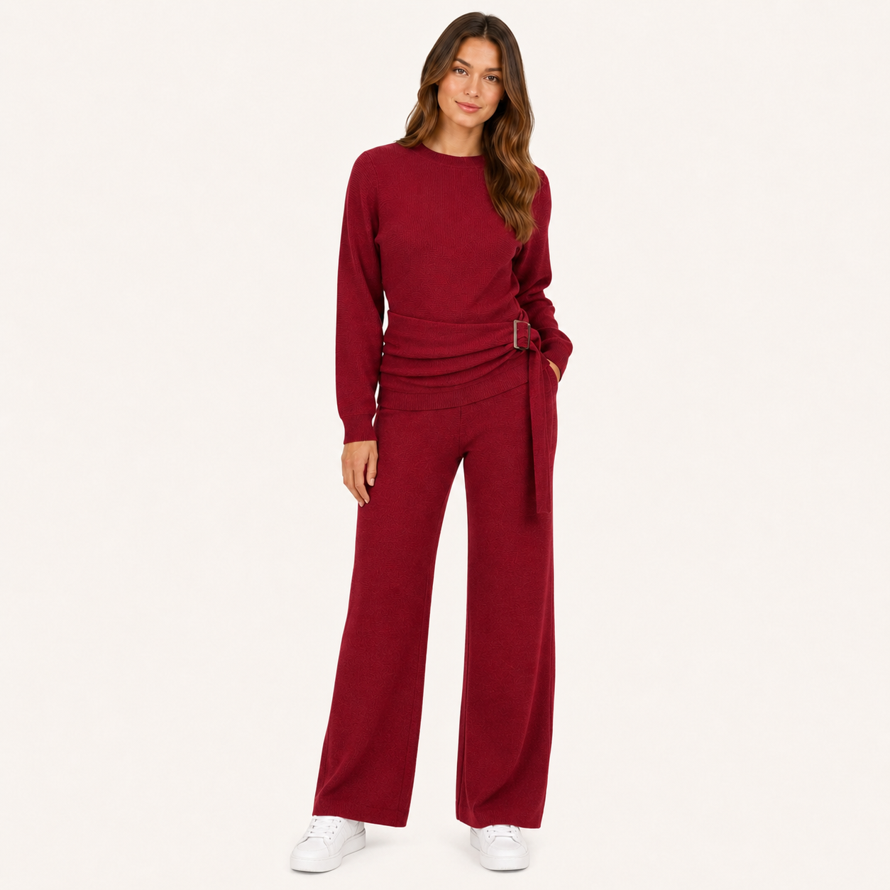 Conjunto Tejido Premium con Cinturón Ajustable y Pantalón Wide Leg Burdeo