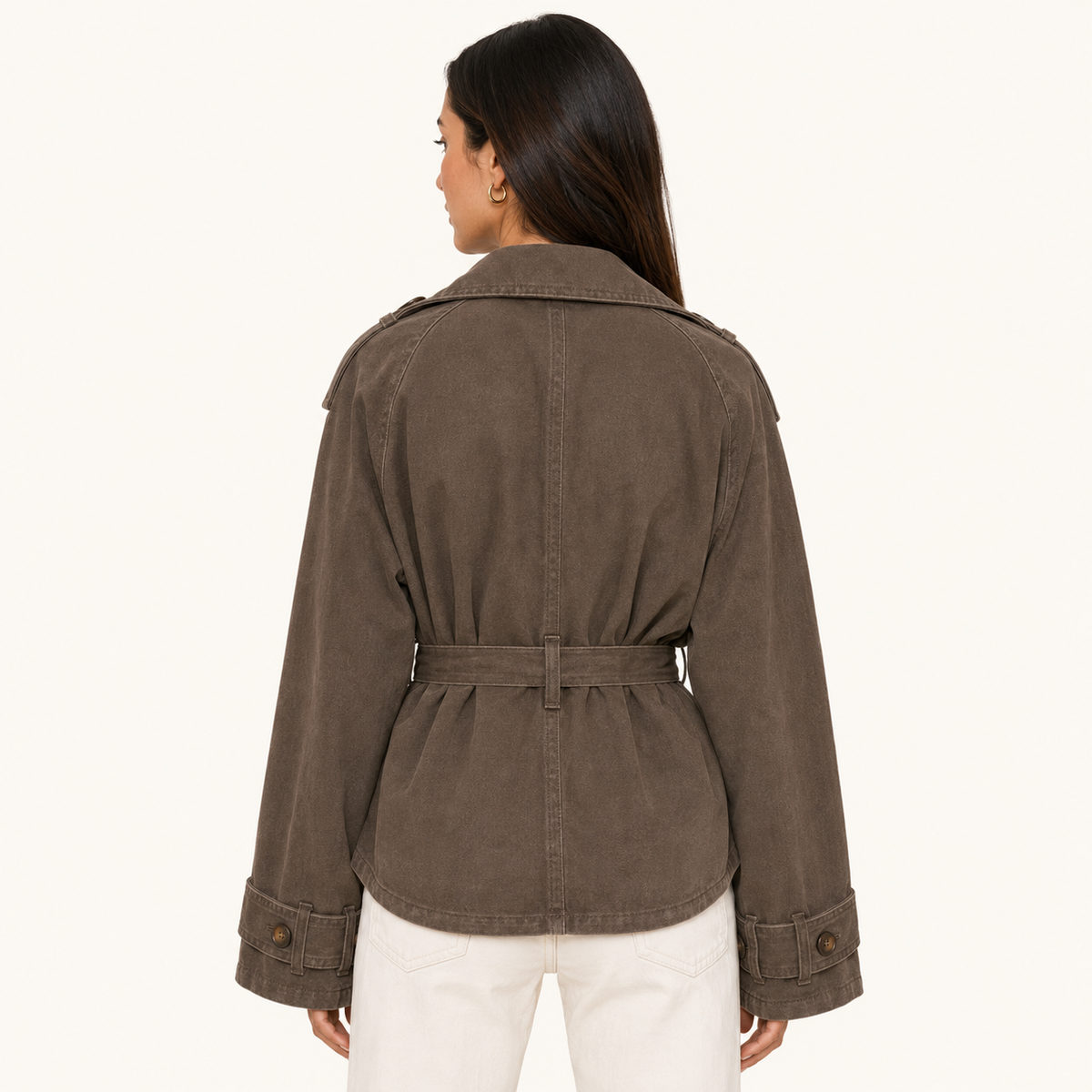 Chaqueta Denim Cruzada con Cinturón Marrón