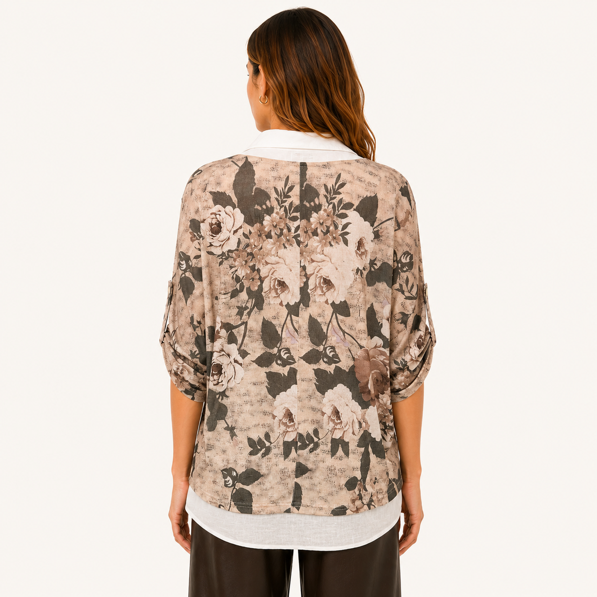Blusa Floral 2 en 1 Manga Ajustable Beige