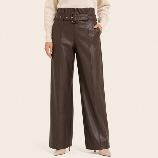 Pantalon Wide Leg Eco Cuero Marrón