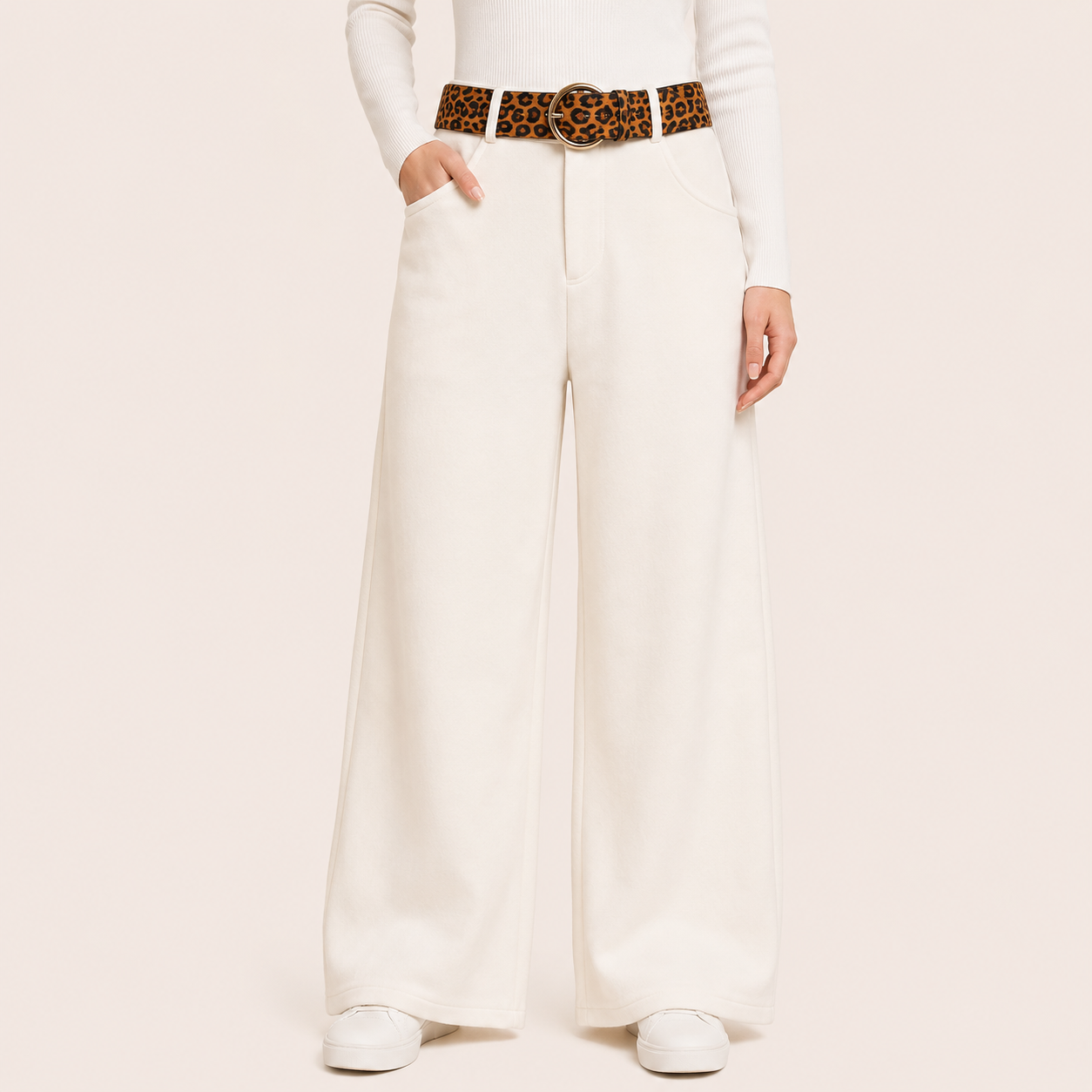 Pantalon Palazzo Paño Cinturon Animal Print Blanco
