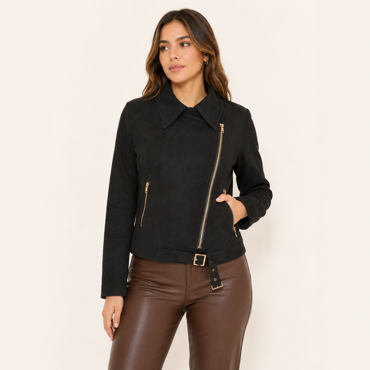 Chaqueta Crop Tercio Pelo Negra