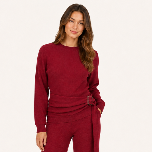 Sweater Tejido Premium con Cinturón Ajustable Burdeo