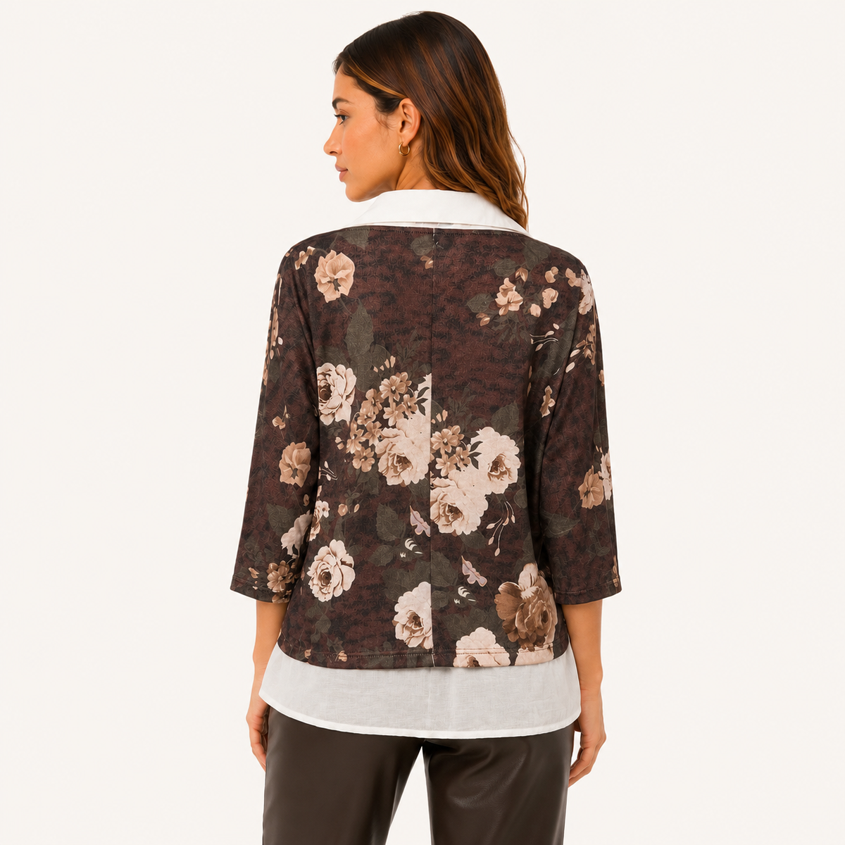 Blusa Floral 2 en 1 Manga Ajustable Marrón