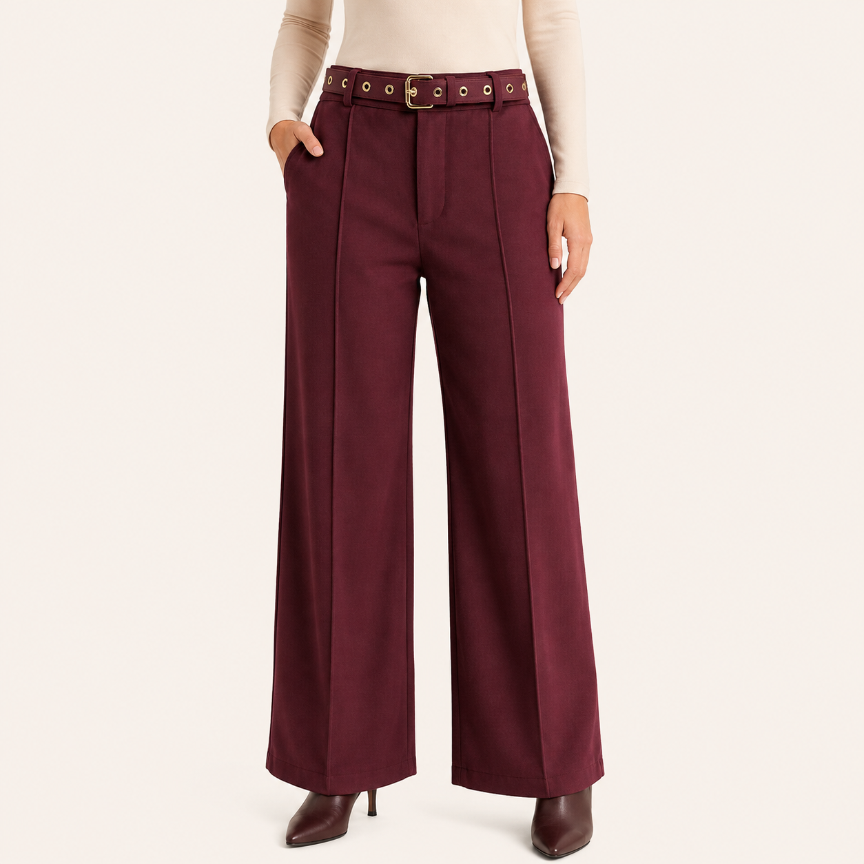 Pantalón Palazzo Paño con Cinturon Burdeo