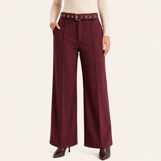 Pantalón Palazzo Paño con Cinturon Burdeo