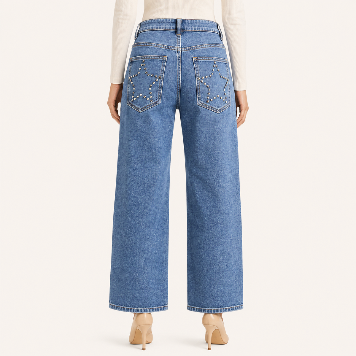 Jeans Barrel Tachas Plateadas Azul