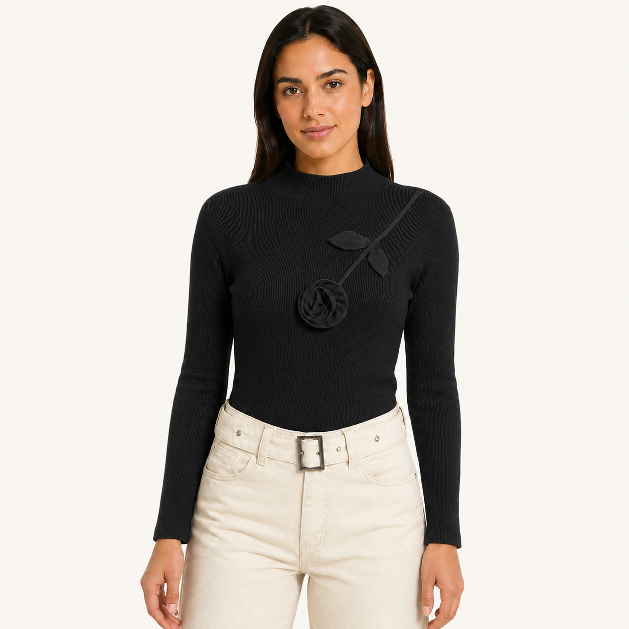 Sweater Cuello Alto con Rosa Negro