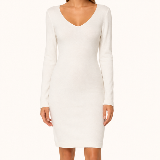 Vestido Mujer Entallado Manga Larga Cuello V Blanco