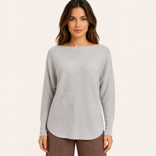 Sweater Tejido Mujer Cuello Bote Manga Murciélago Gris