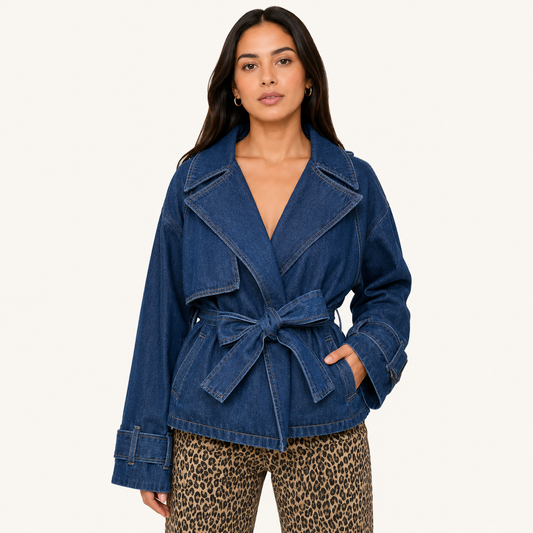 Chaqueta Denim Cruzada Cinturón Azul