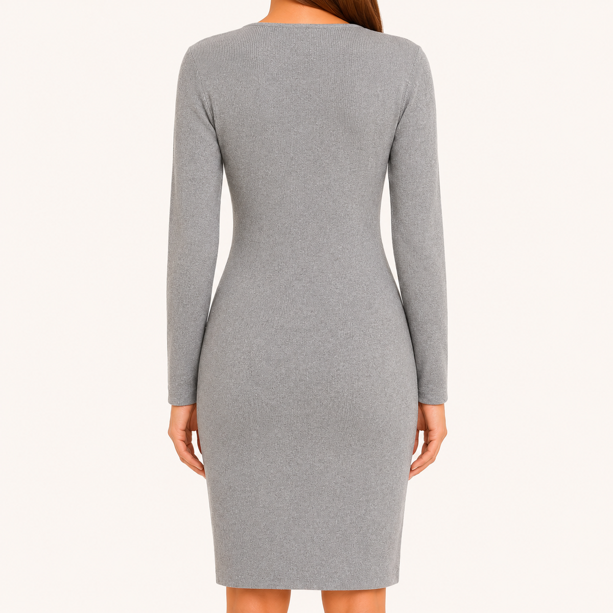 Vestido Mujer Entallado Manga Larga Cuello V Gris