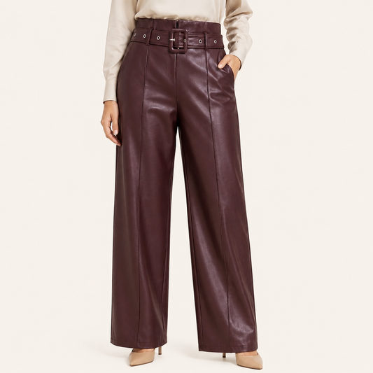 Pantalon Wide Leg Eco Cuero Burdeo