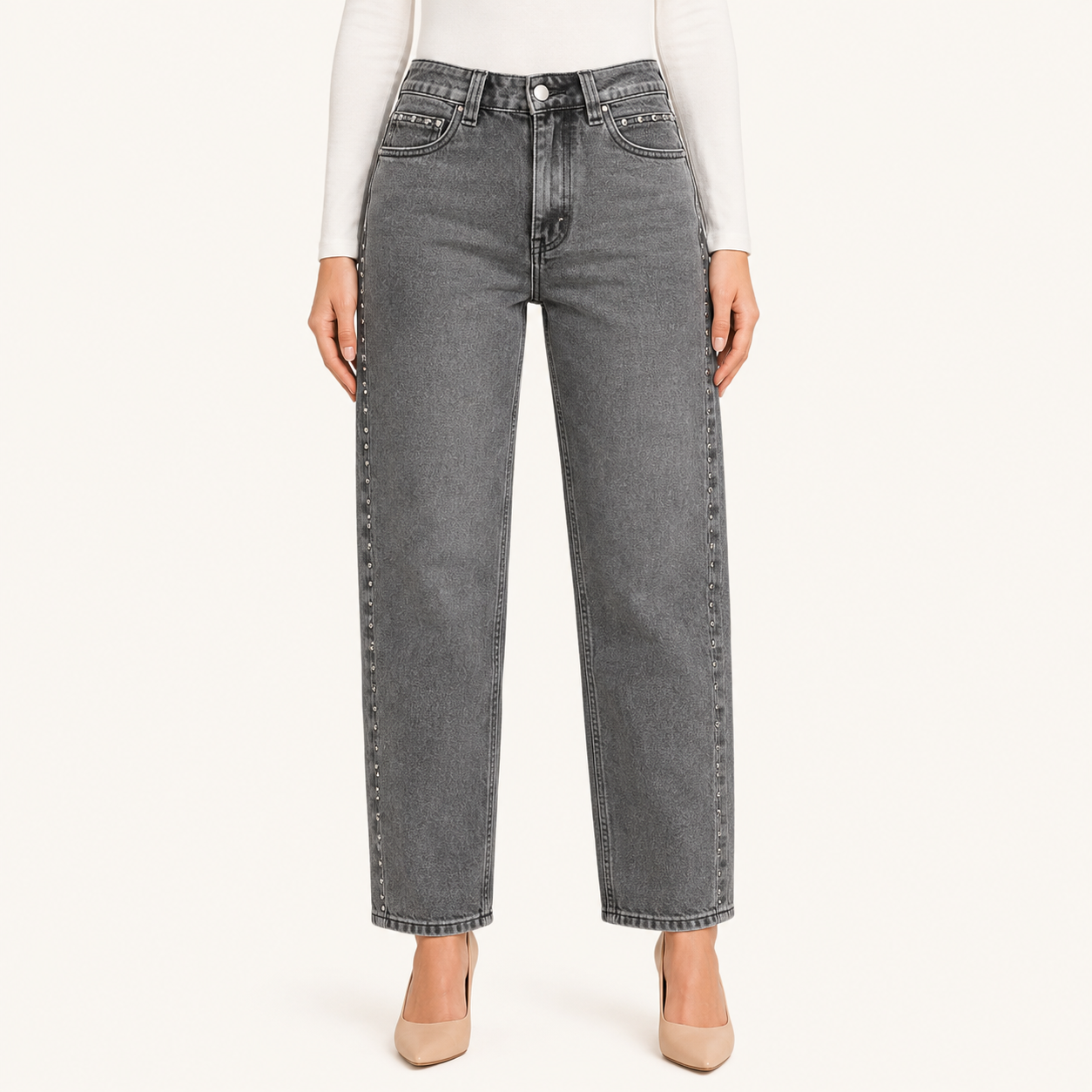 Jeans Barrel Tachas Plateadas Azul Negro
