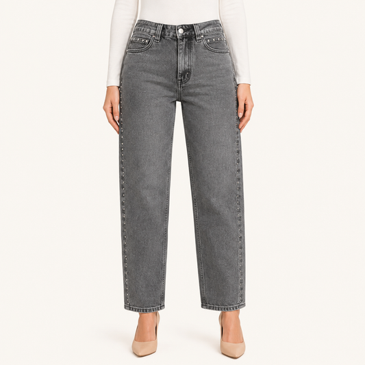 Jeans Barrel Tachas Plateadas Azul Negro
