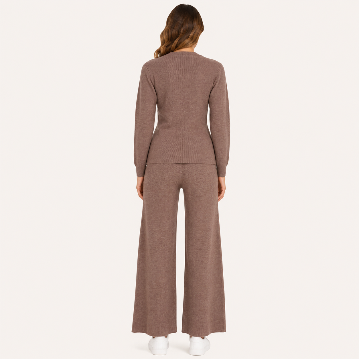 Conjunto Tejido Premium con Cinturón Ajustable y Pantalón Wide Leg Marrón