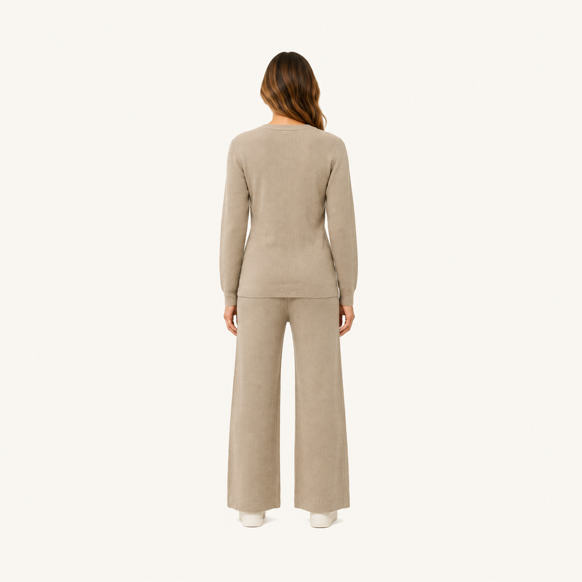 Conjunto Tejido Premium con Cinturón Ajustable y Pantalón Wide Leg Beige