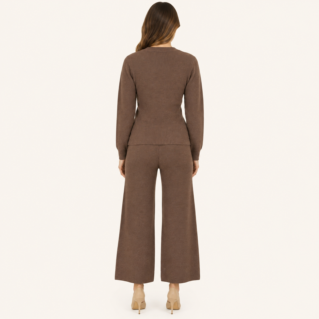 Conjunto Tejido Premium con Cinturón Ajustable y Pantalón Wide Leg Marrón Cafe