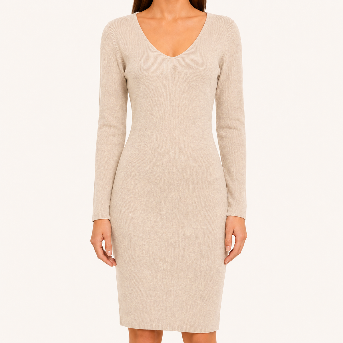 Vestido Mujer Entallado Manga Larga Cuello V Beige