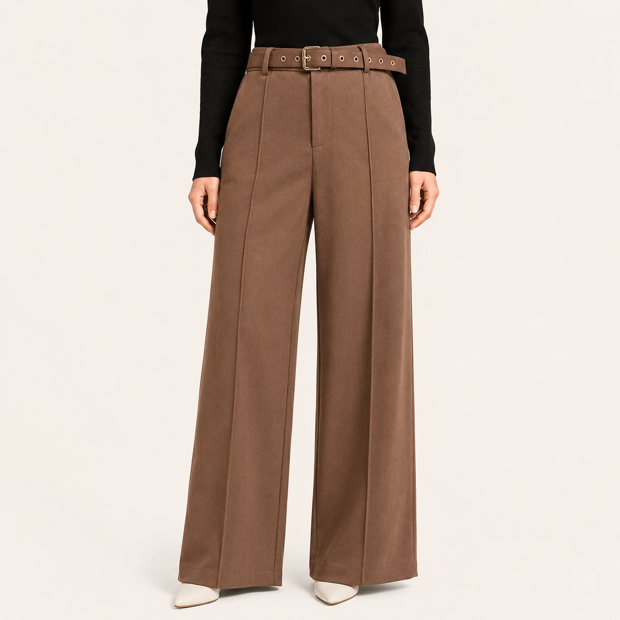 Pantalón Palazzo Paño con Cinturon Marrón