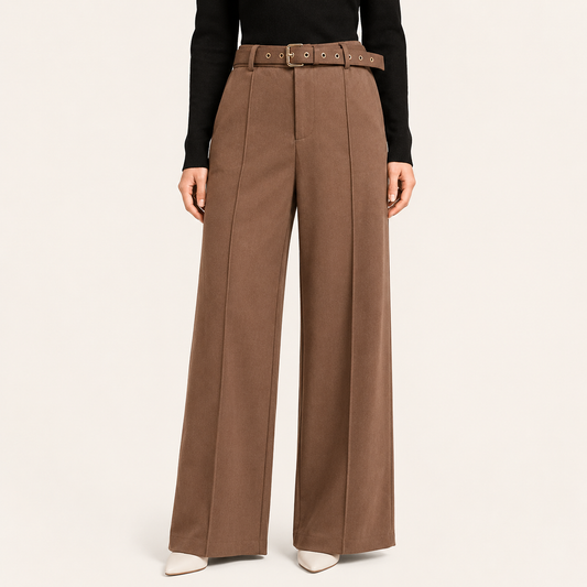 Pantalón Palazzo Paño con Cinturon Marrón