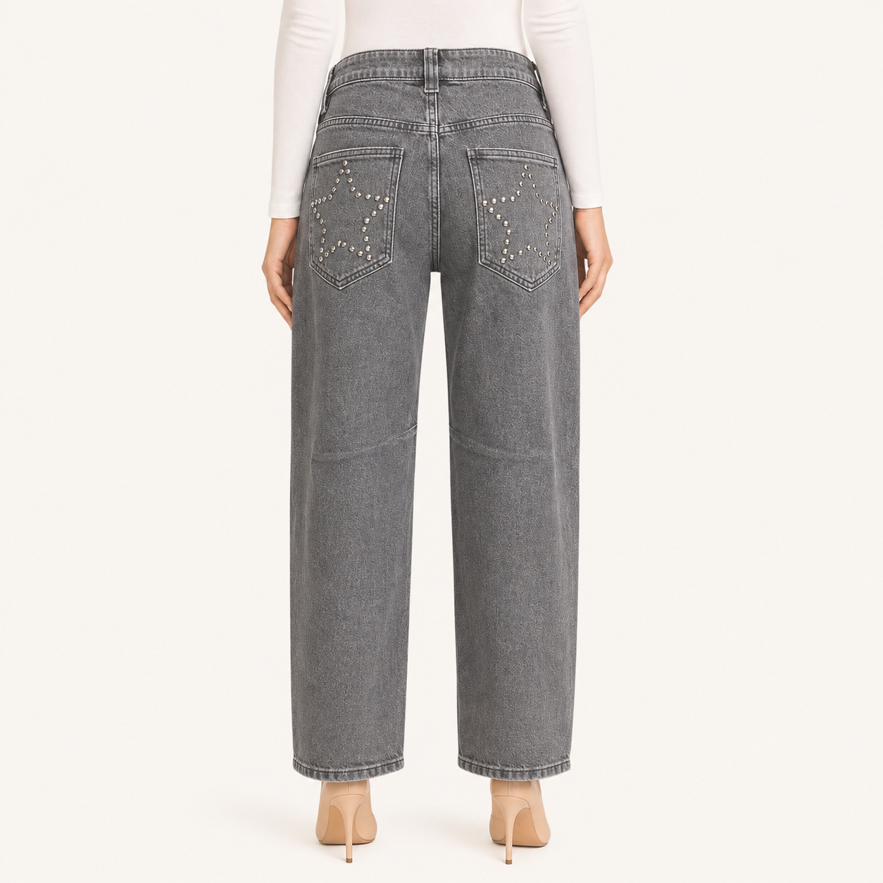 Jeans Barrel Tachas Plateadas Azul Negro