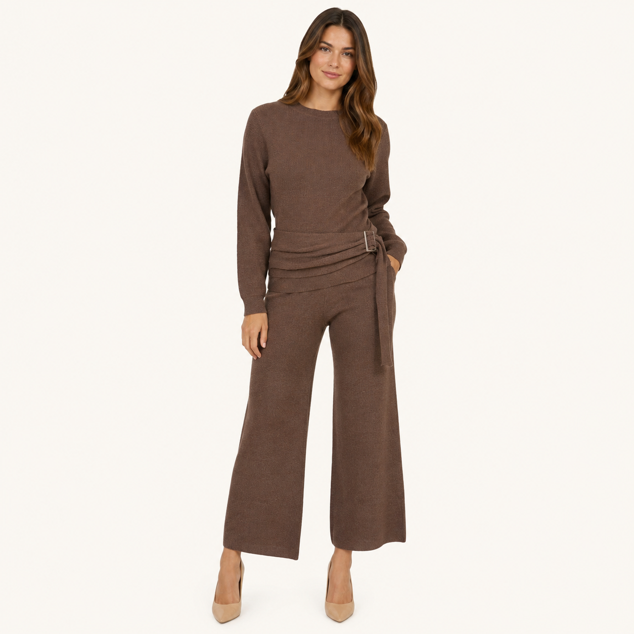 Conjunto Tejido Premium con Cinturón Ajustable y Pantalón Wide Leg Marrón Cafe