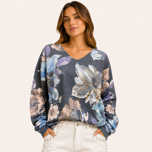 Sweater Estampado Flores Burdeo Gris
