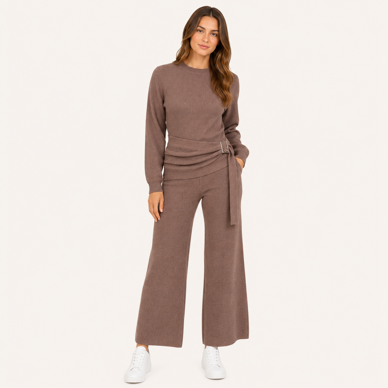 Conjunto Tejido Premium con Cinturón Ajustable y Pantalón Wide Leg Marrón