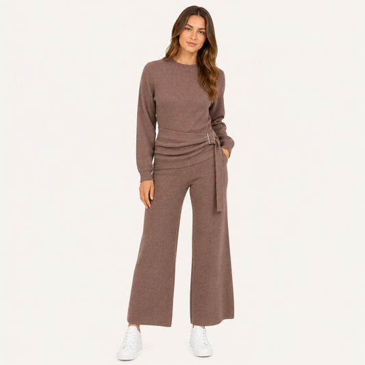 Conjunto Tejido Premium con Cinturón Ajustable y Pantalón Wide Leg Marrón