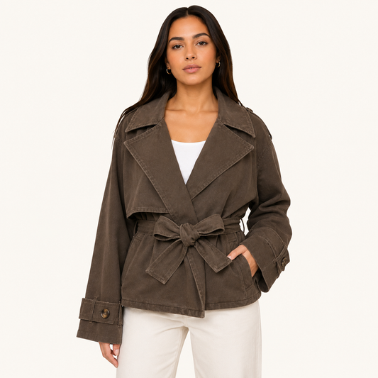 Chaqueta Denim Cruzada con Cinturón Marrón