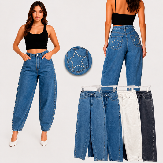 Jeans Tachas Plateadas