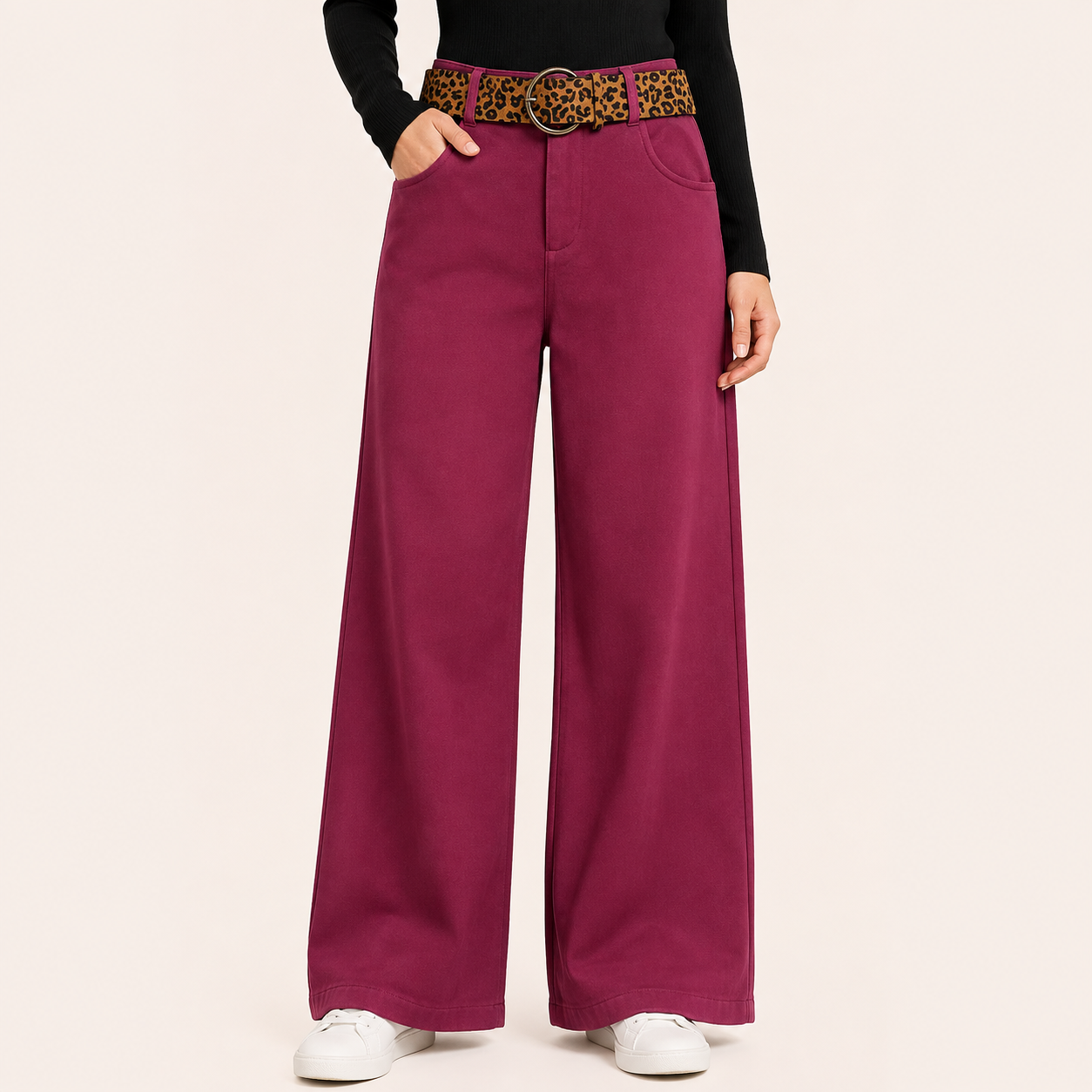 Pantalon Palazzo Paño Cinturon Animal Print Burdeo