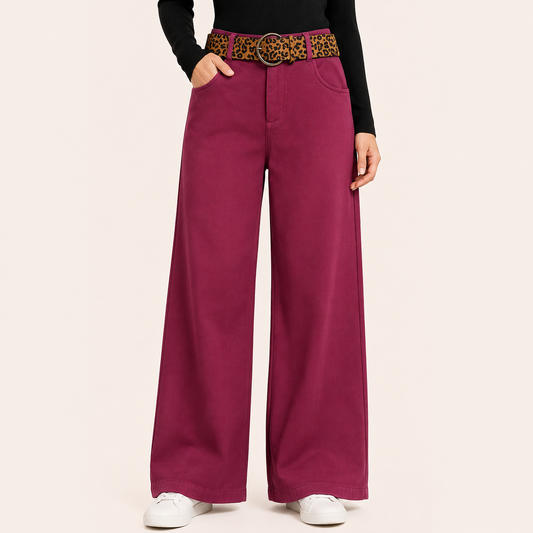 Pantalon Palazzo Paño Cinturon Animal Print Burdeo