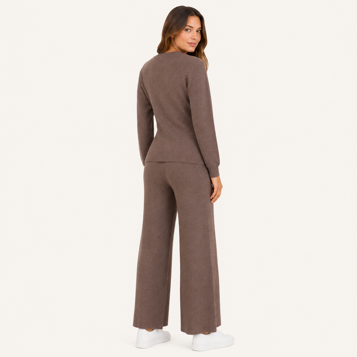 Conjunto Tejido Premium con Cinturón Ajustable y Pantalón Wide Leg Marrón Cafe